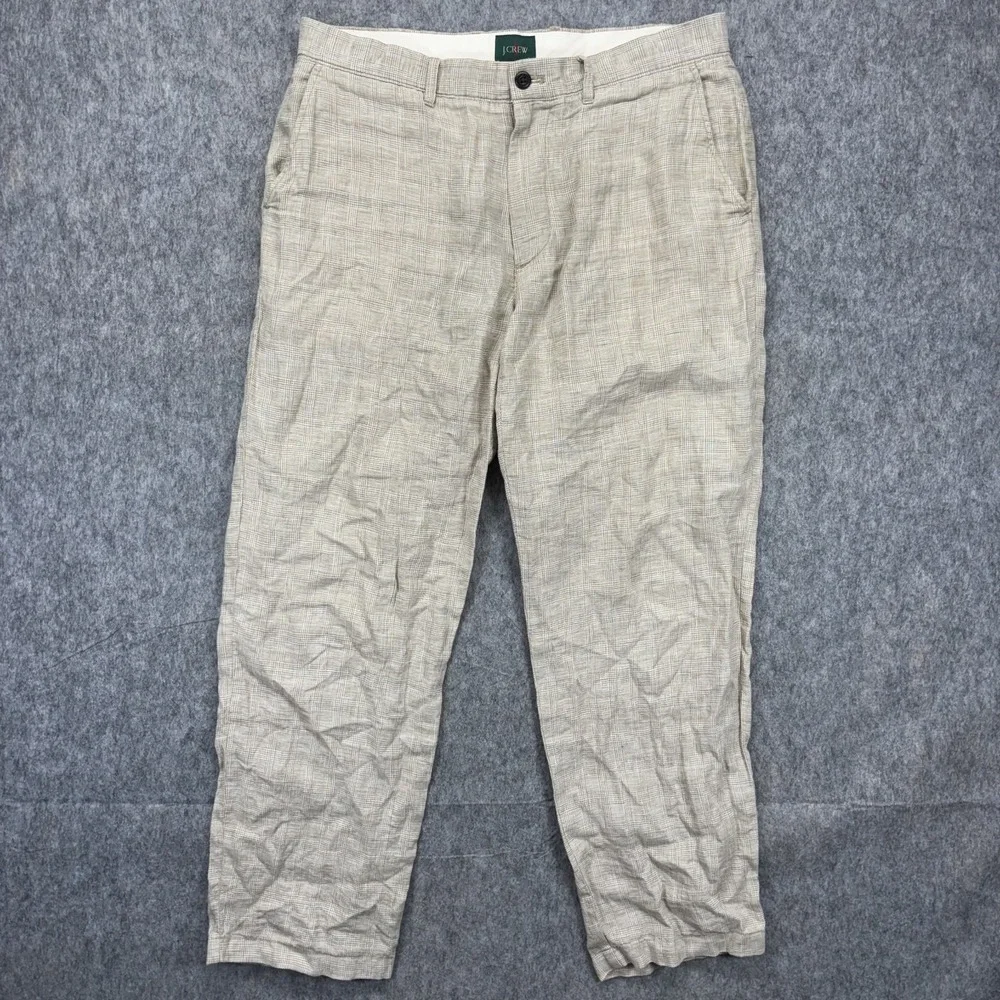 J Crew Oarsman Linen Pants Men's 34x30 Glen Plaid Tan Lightweight